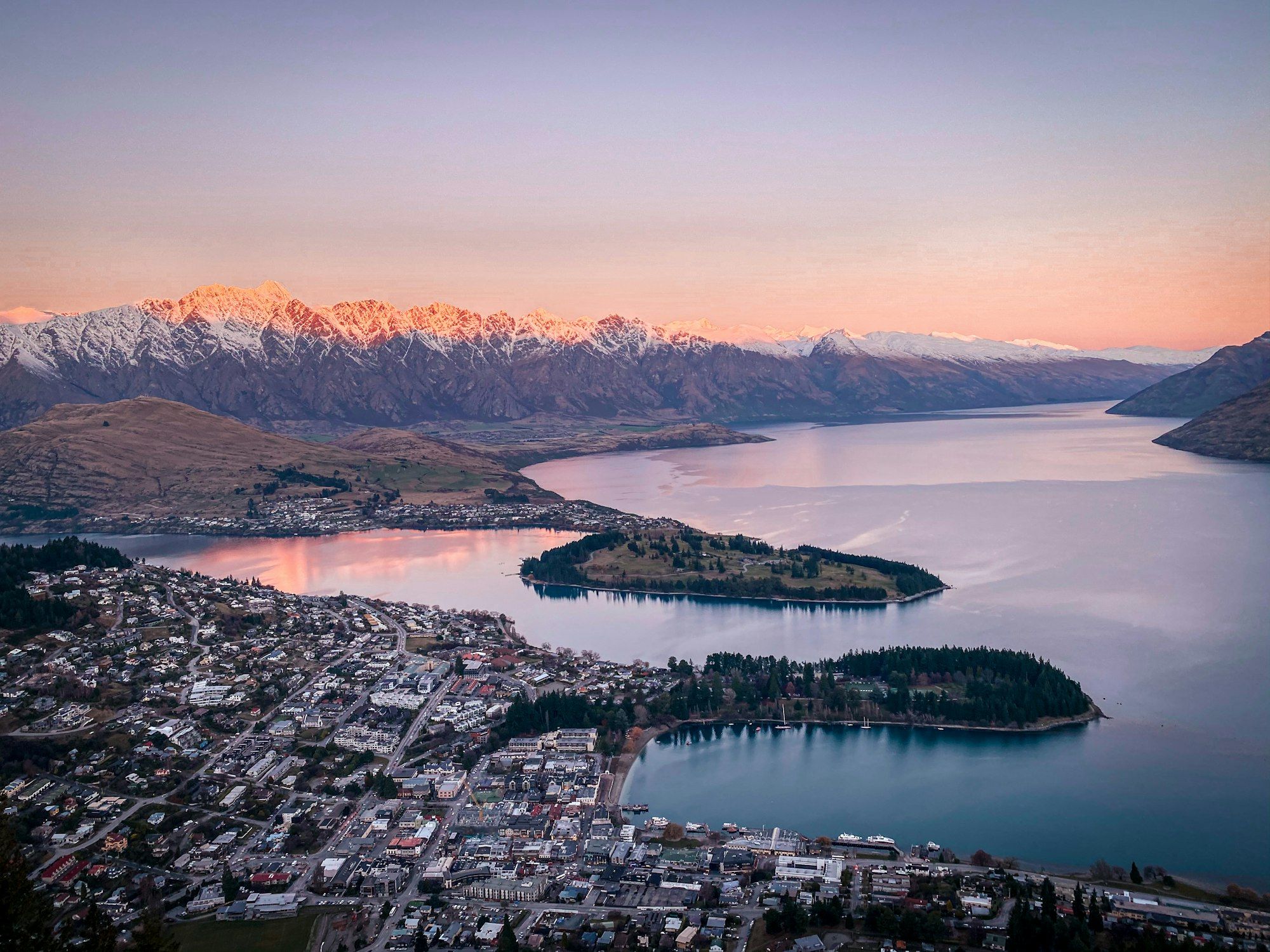 Aerial view over Lake Wakatipu and the mountains around Queenstown